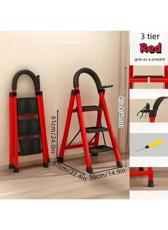 2 Layers Red Multi Functional Folding Ladder Portable Thickened Metal Serrated Design Indoor Outdoor Use - Image 4